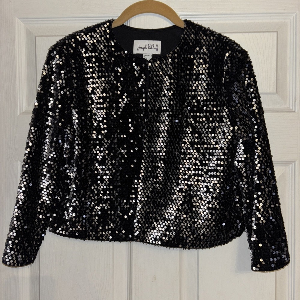 Joseph Ribkoff Sz 6 Cropped Black Shrug Cardigan Matte Silver Sequin Bolero